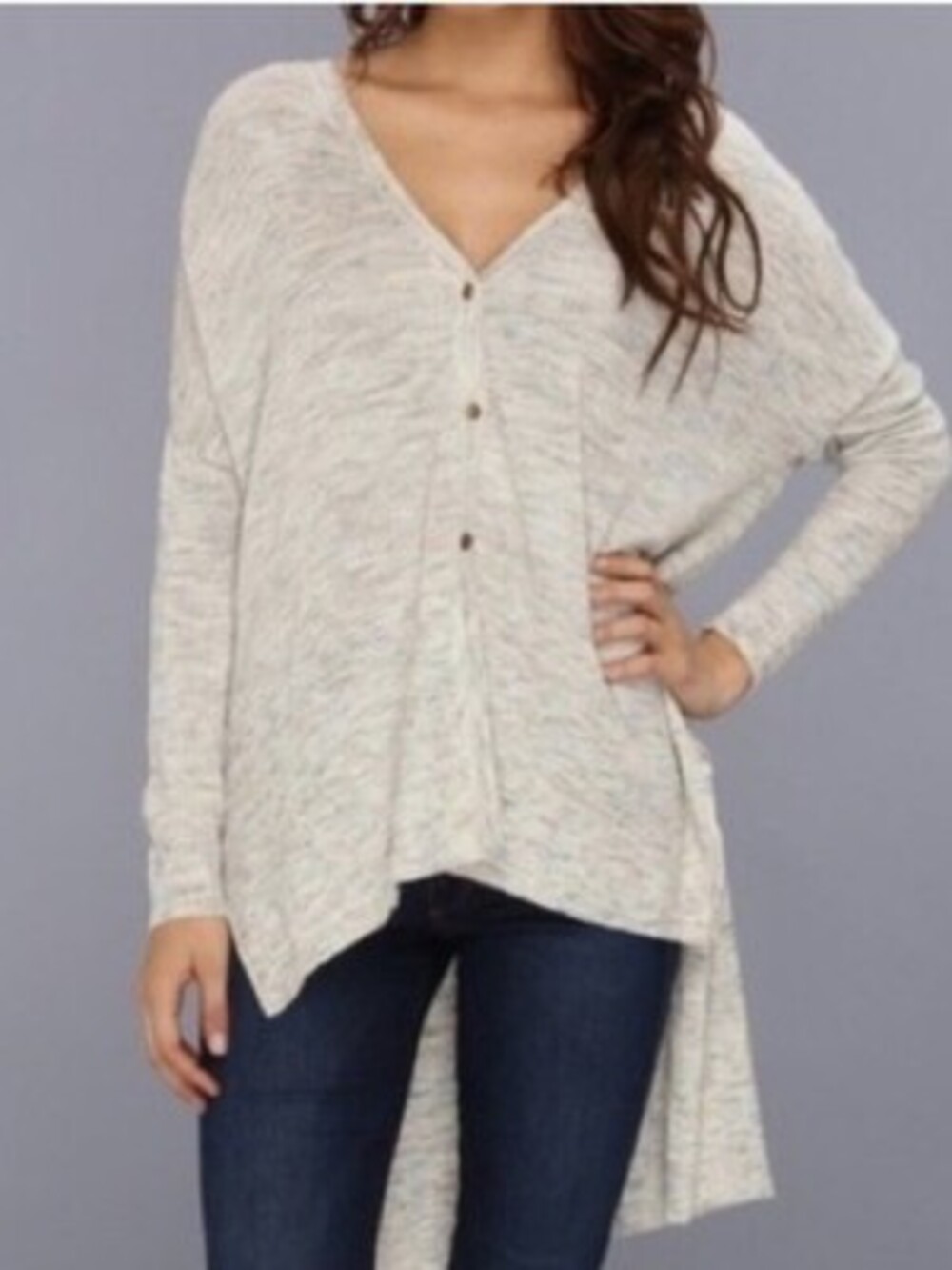 Free People Cream Multicolor marled button high low TGIF cardigan